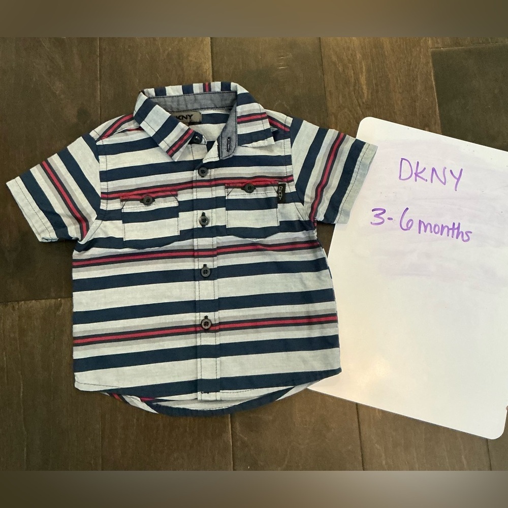 DKNY Blue and Red Button Down Shirt Casual Striped Top